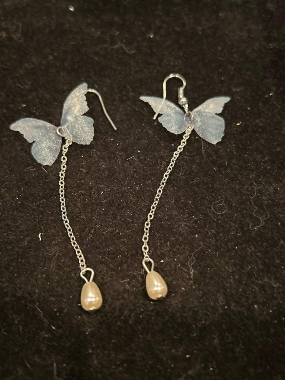Delicate Blue Butterfly Drop Earrings with Pearl Accent